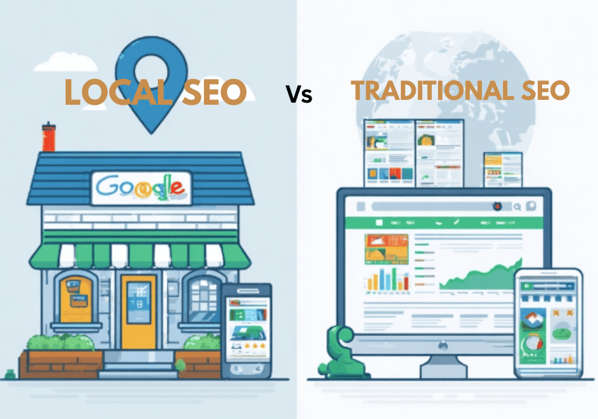 Comparison of local SEO vs traditional SEO, highlighting the difference between optimizing for physical storefront locations and Google Maps versus global organic search rankings and web analytics