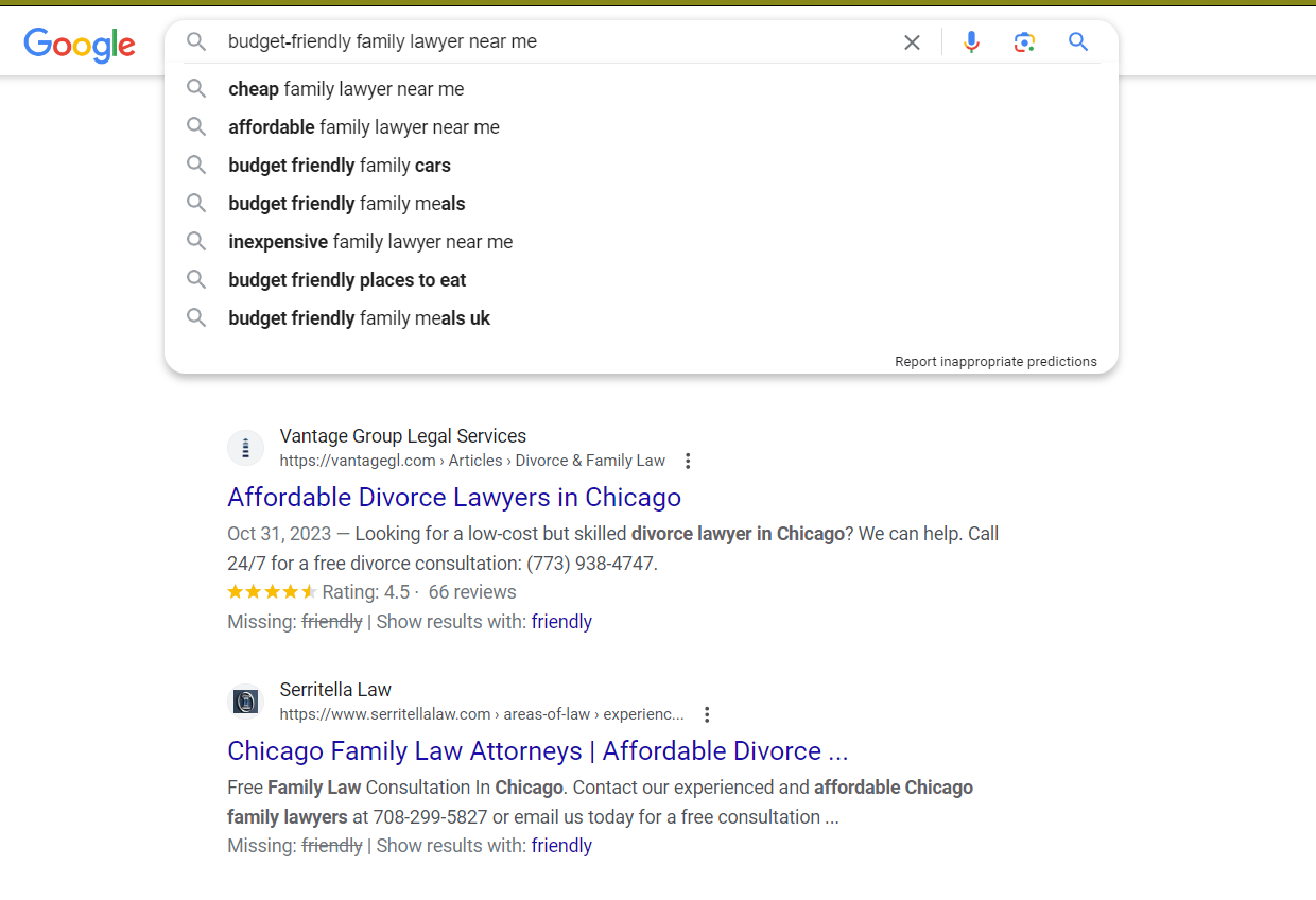 Example of local SEO for law firms showing Google search results and auto-complete keyword suggestions for affordable family and divorce lawyers in Chicago