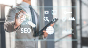 A digital marketing professional analyzing SEO strategy, representing search engine optimization services, keyword research, link building, and data-driven website growth