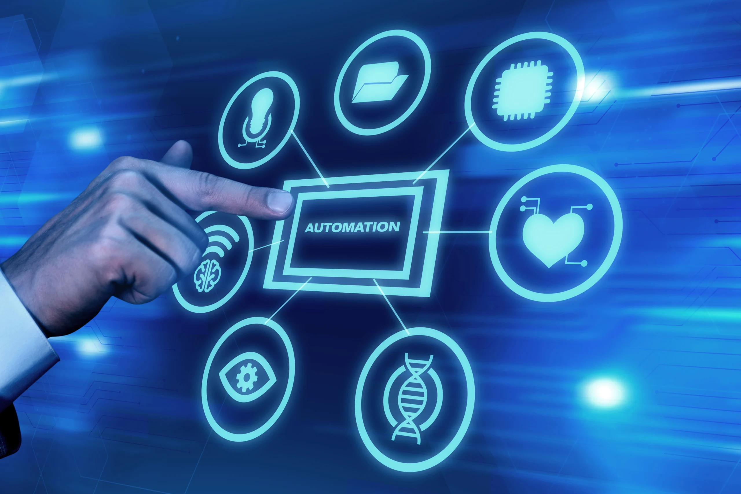 Digital automation concept interface with hand interacting on virtual screen, showing icons for AI, data, cloud computing, and smart technology integration