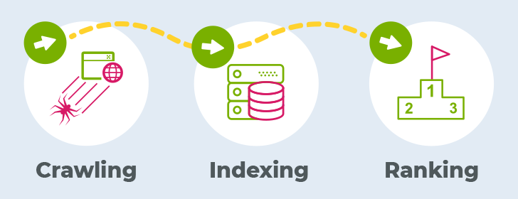 SEO process infographic showing crawling, indexing, and ranking stages of search engine optimization, illustrating how search engines discover, organize, and rank websites in search results
