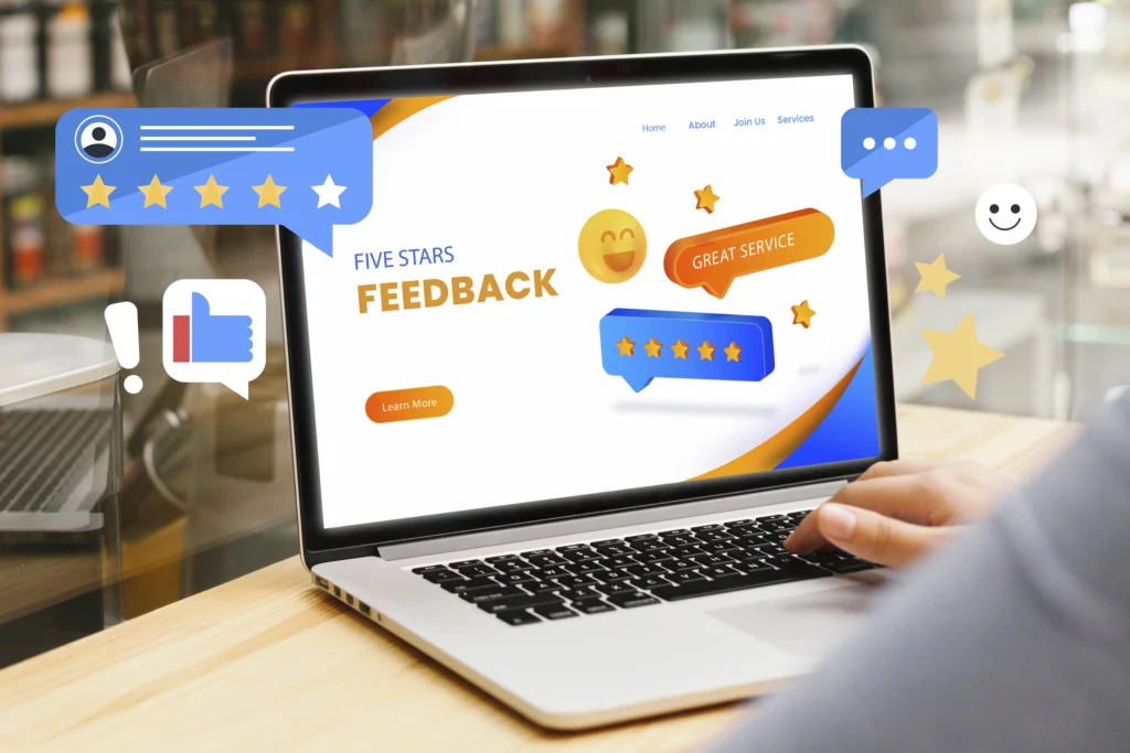 Customer feedback concept on laptop screen with five-star ratings, review icons, and user interaction, representing online reviews, customer satisfaction, and reputation management