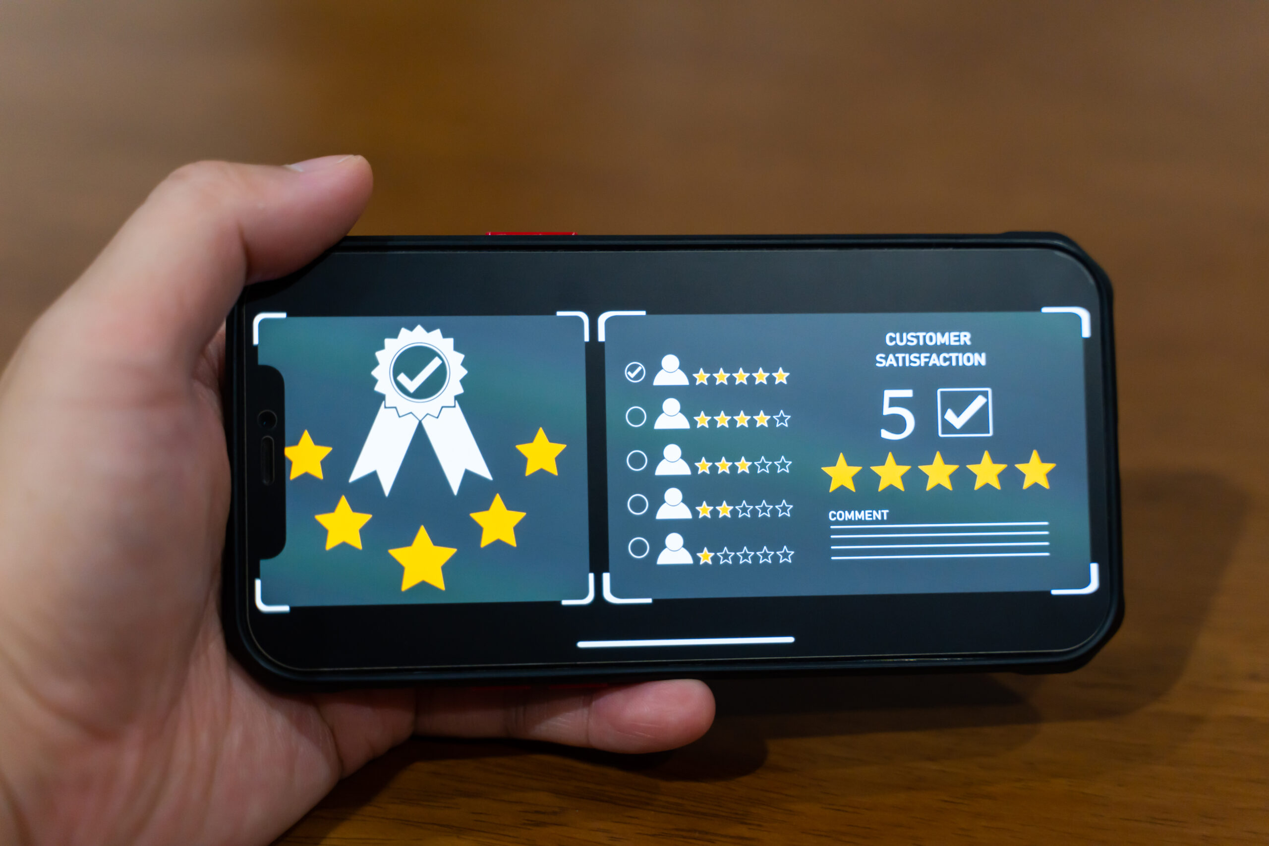 Customer satisfaction rating displayed on smartphone with five-star reviews, feedback scores, and user ratings, representing mobile review system and online reputation management