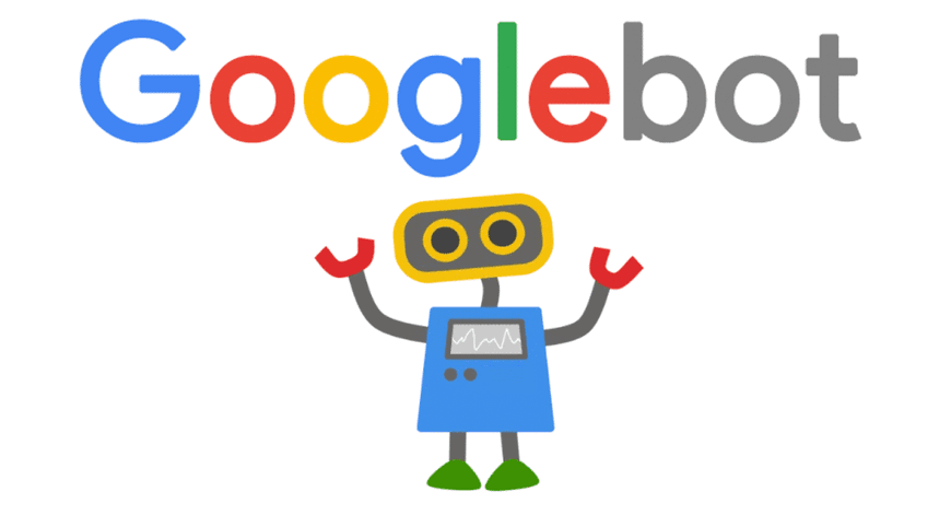 Googlebot logo with cartoon robot illustration, representing Google search crawler, website indexing, SEO optimization, and search engine crawling technology
