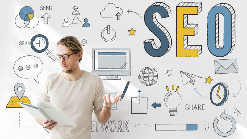 SEO concept illustration with professional holding documents, surrounded by search engine optimization icons, digital marketing symbols, and online networking graphics for business growth and visibility