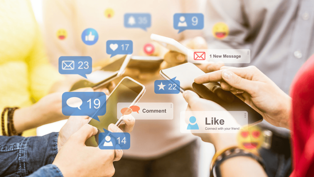 Social media engagement concept with people using smartphones, displaying notifications, likes, messages, and comments, representing online communication and digital interaction