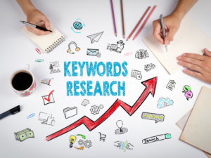 Keyword research concept with marketers analyzing SEO keywords, search trends, and content opportunities, featuring a rising growth chart to represent organic traffic, search engine rankings, and digital marketing success