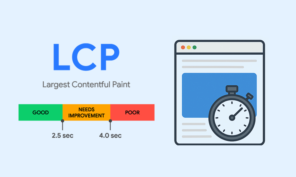 Largest Contentful Paint (LCP) infographic showing Core Web Vitals performance metrics, page load speed benchmarks, and website optimization standards for improving SEO rankings and user experience