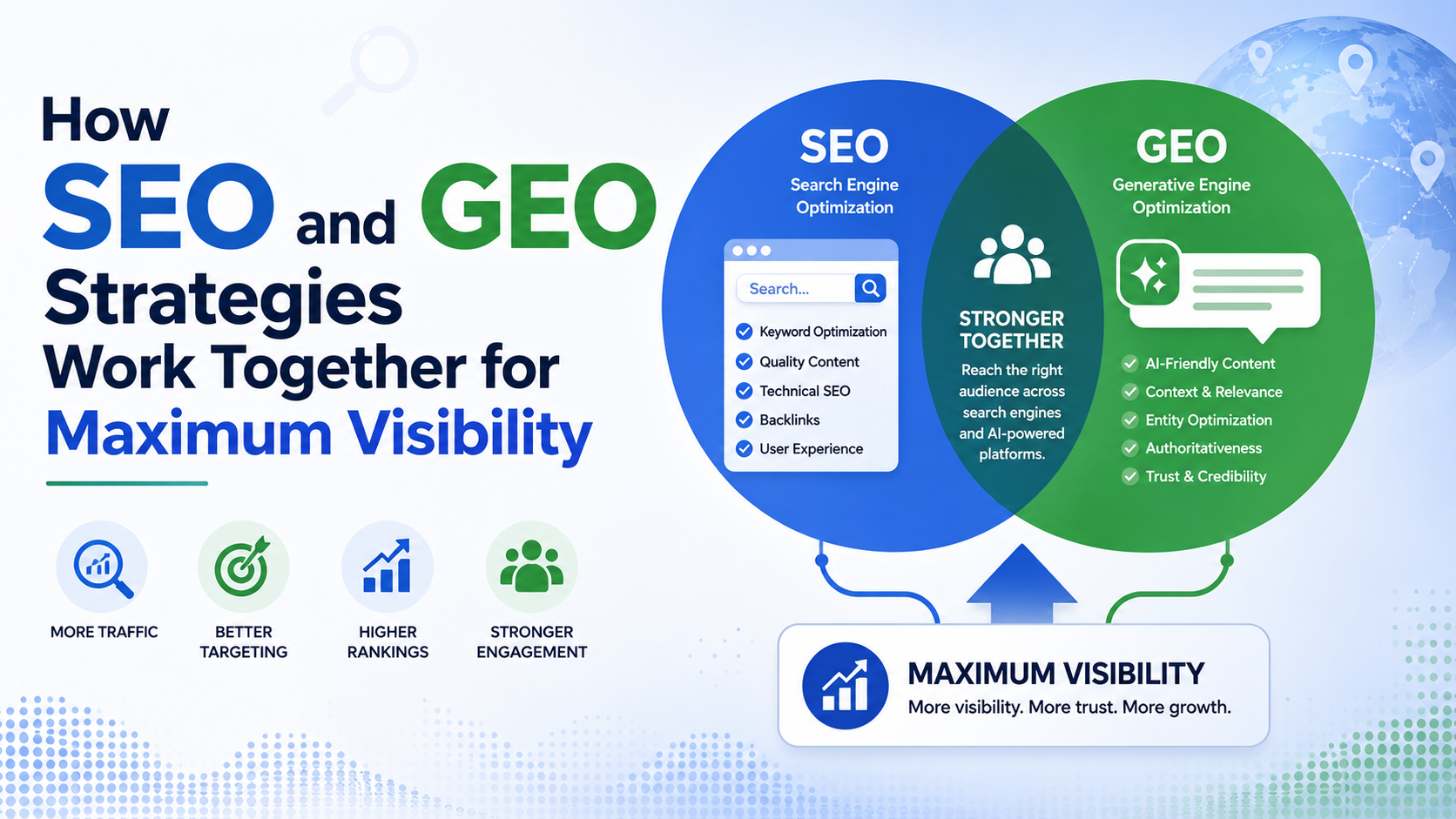 SEO vs GEO comparison diagram illustrating search engine optimization and generative engine optimization strategies for increasing rankings, AI visibility, traffic, engagement, and brand authority