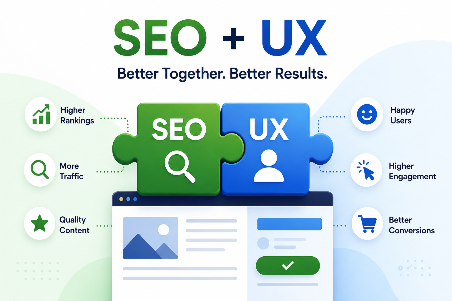 SEO and UX integration infographic showing how search engine optimization and user experience work together to improve website rankings, increase traffic, boost engagement, enhance user satisfaction, and drive conversions.