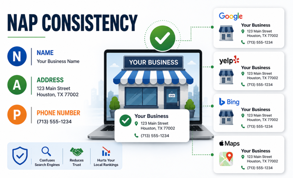 NAP consistency infographic illustrating consistent business name, address, and phone number across Google, Yelp, Bing, and Apple Maps, representing local SEO optimization, business citations, Google Business Profile management, and improved local search rankings.