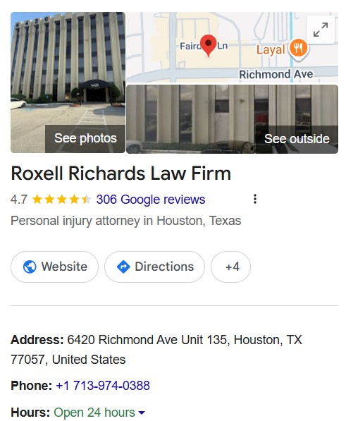 Google Business Profile for Roxell Richards Law Firm in Houston, Texas, displaying business information, customer reviews, location, contact details, and local SEO optimization for improved visibility in Google Search and Maps