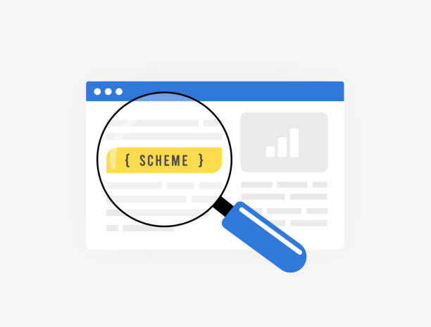 Schema markup illustration with a magnifying glass highlighting structured data code on a webpage, representing schema markup, structured data implementation, technical SEO, rich results, and improved search engine visibility.