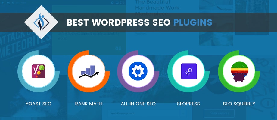 Infographic comparing the best WordPress SEO plugins, including Yoast SEO, Rank Math, All in One SEO, SEOPress, and SEO Squirrly, illustrating tools for on-page SEO, technical SEO, content optimization, and improving WordPress search engine rankings.