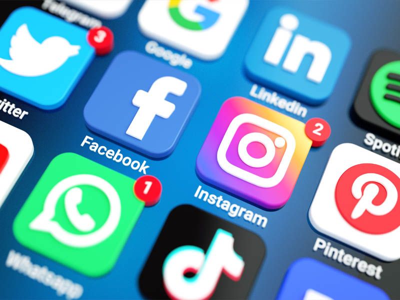 Social media platform icons including Facebook, Instagram, LinkedIn, Google, TikTok, Pinterest, X (Twitter), WhatsApp, and Spotify, representing social media marketing, digital marketing, online brand awareness, audience engagement, and multi-platform social media strategy.