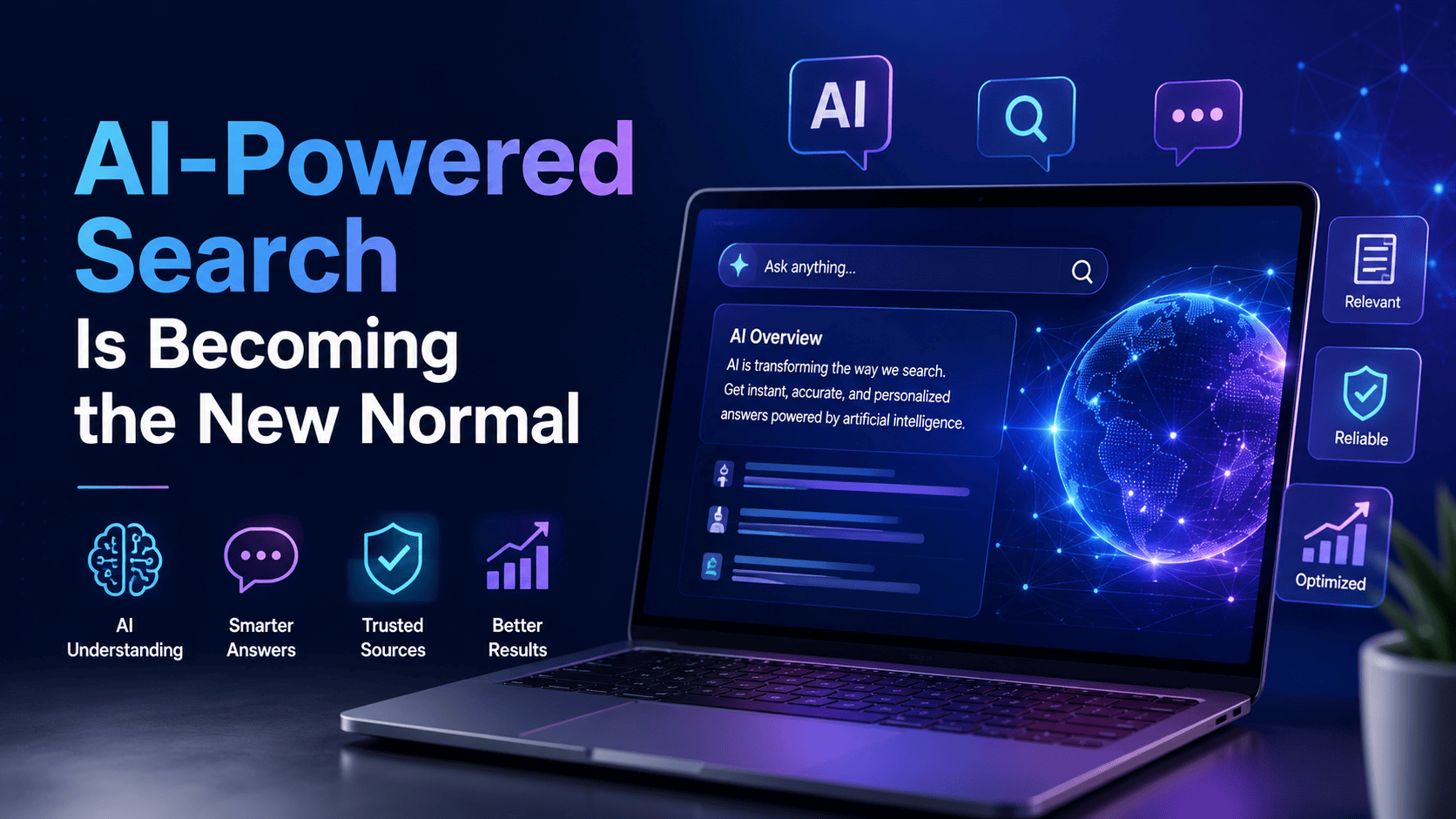 AI-powered search infographic illustrating the future of search engines with AI Overviews, trusted sources, search intent, content optimization, and semantic SEO, highlighting how artificial intelligence is transforming search results, user experience, and organic search visibility.