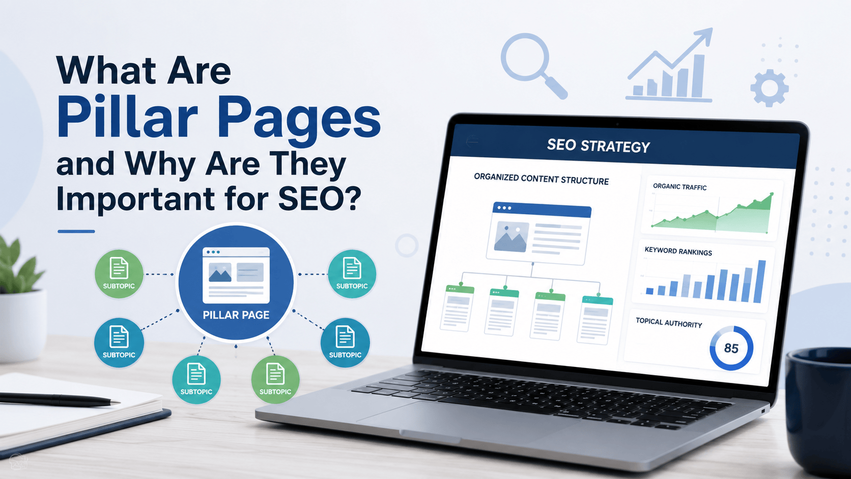 Infographic explaining pillar pages for SEO, showing a content hub connected to related subtopics, organized site structure, keyword rankings, topical authority, and organic traffic growth through a comprehensive content strategy.