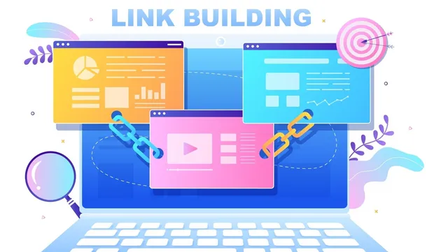 Illustration of link building with interconnected web pages, representing backlink building, off-page SEO, domain authority, internal linking, content marketing, and strategies to improve search engine rankings and organic website traffic.