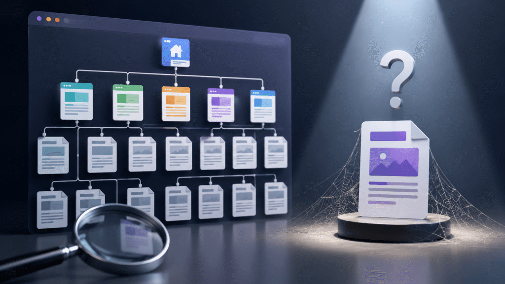 Website architecture diagram with a sitemap, isolated orphan page, magnifying glass, and question mark, illustrating orphan pages in SEO, internal linking issues, website crawlability, site structure optimization, and improving search engine indexing through better content organization