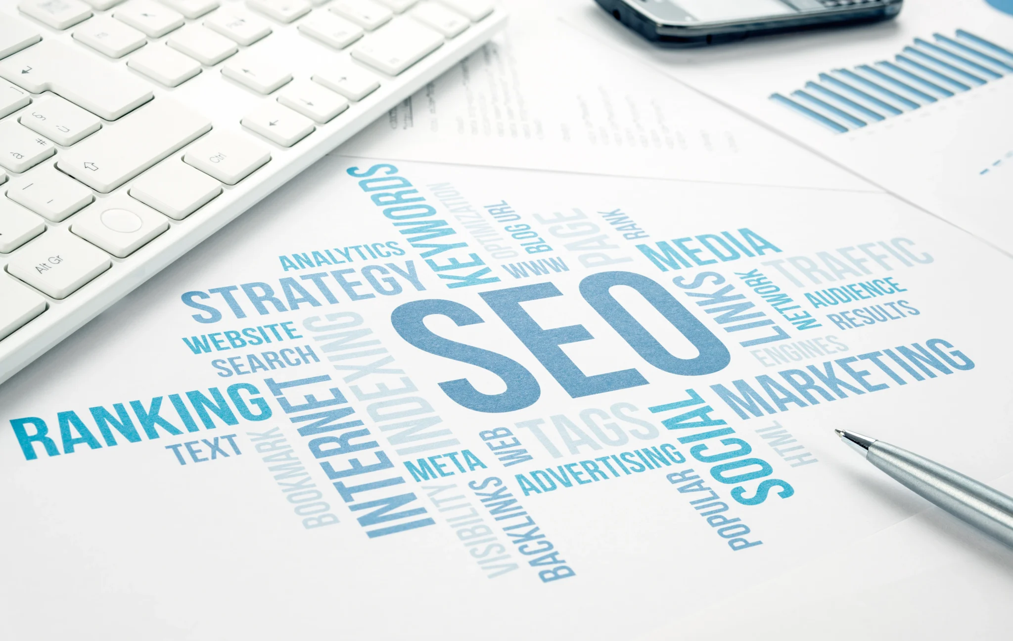 SEO strategy concept featuring keywords, search rankings, content marketing, link building, website optimization, analytics, and search engine optimization, illustrating the core elements of improving organic visibility, website traffic, and online marketing performance.