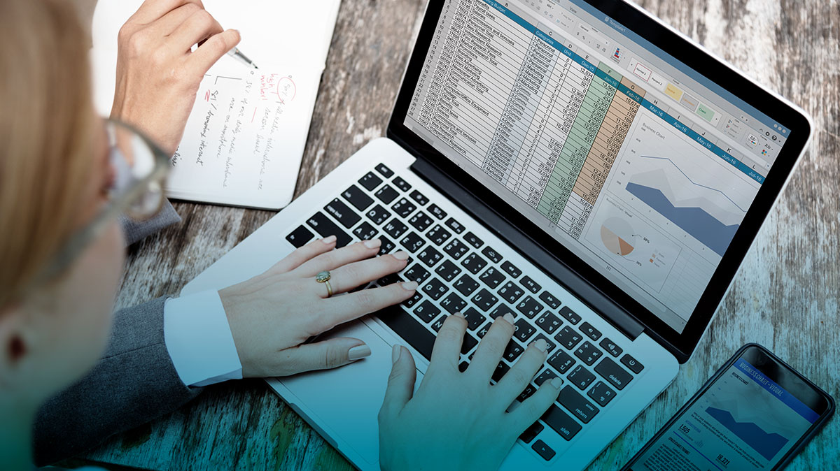 Person analyzing SEO performance data on a laptop spreadsheet with charts and analytics dashboards, representing SEO reporting, keyword tracking, website performance analysis, search engine optimization, data-driven digital marketing, and measuring organic traffic growth.