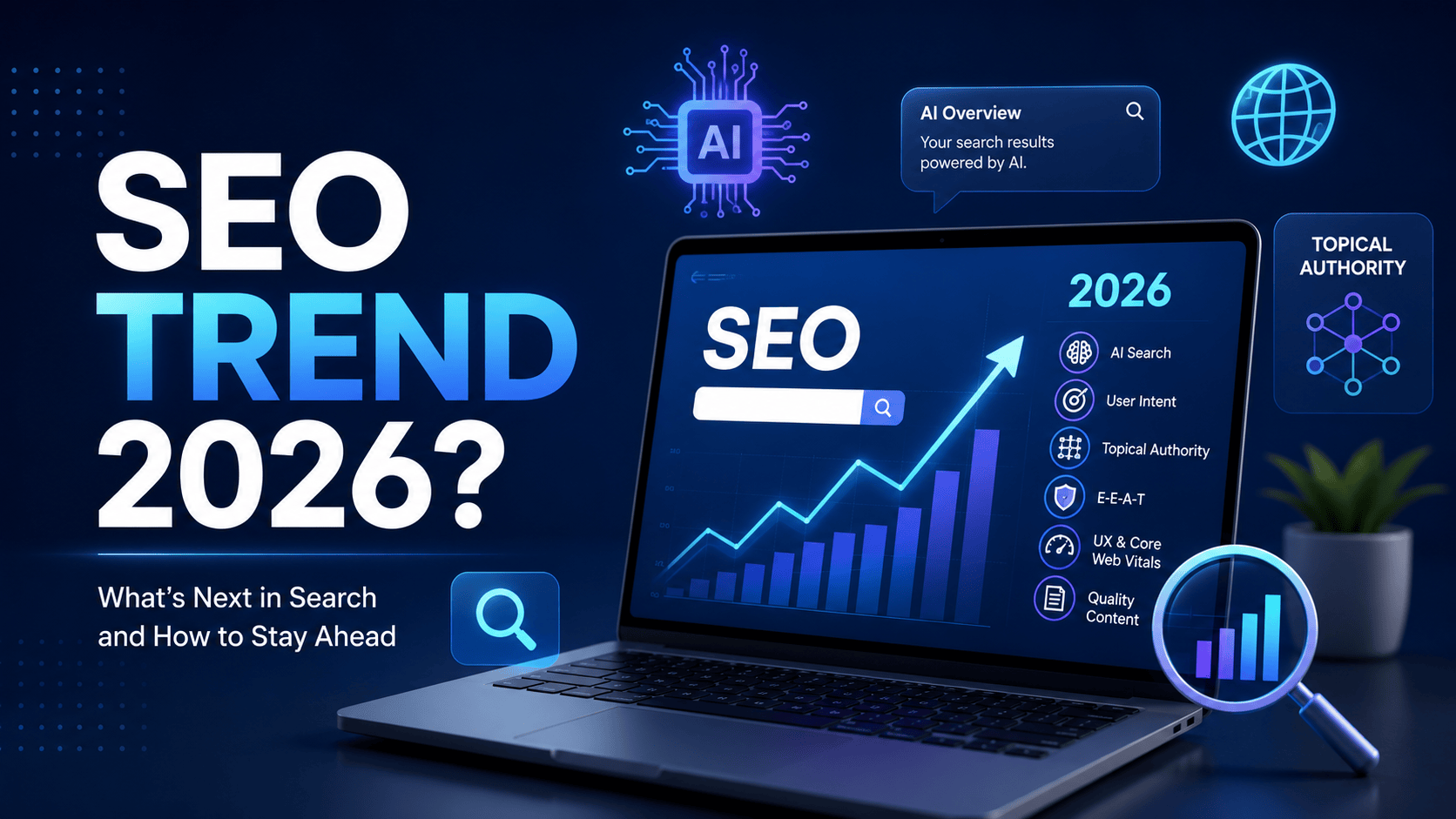 SEO Trends 2026 infographic highlighting AI search, search intent, topical authority, E-E-A-T, quality content, user experience, Core Web Vitals, and AI Overviews, illustrating the future of search engine optimization and strategies to improve organic rankings and online visibility