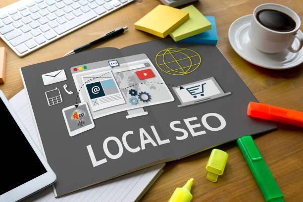 Local SEO concept displayed on a digital marketing workspace, representing local search optimization, Google Business Profile, local keyword targeting, online visibility, website rankings, and attracting nearby customers.