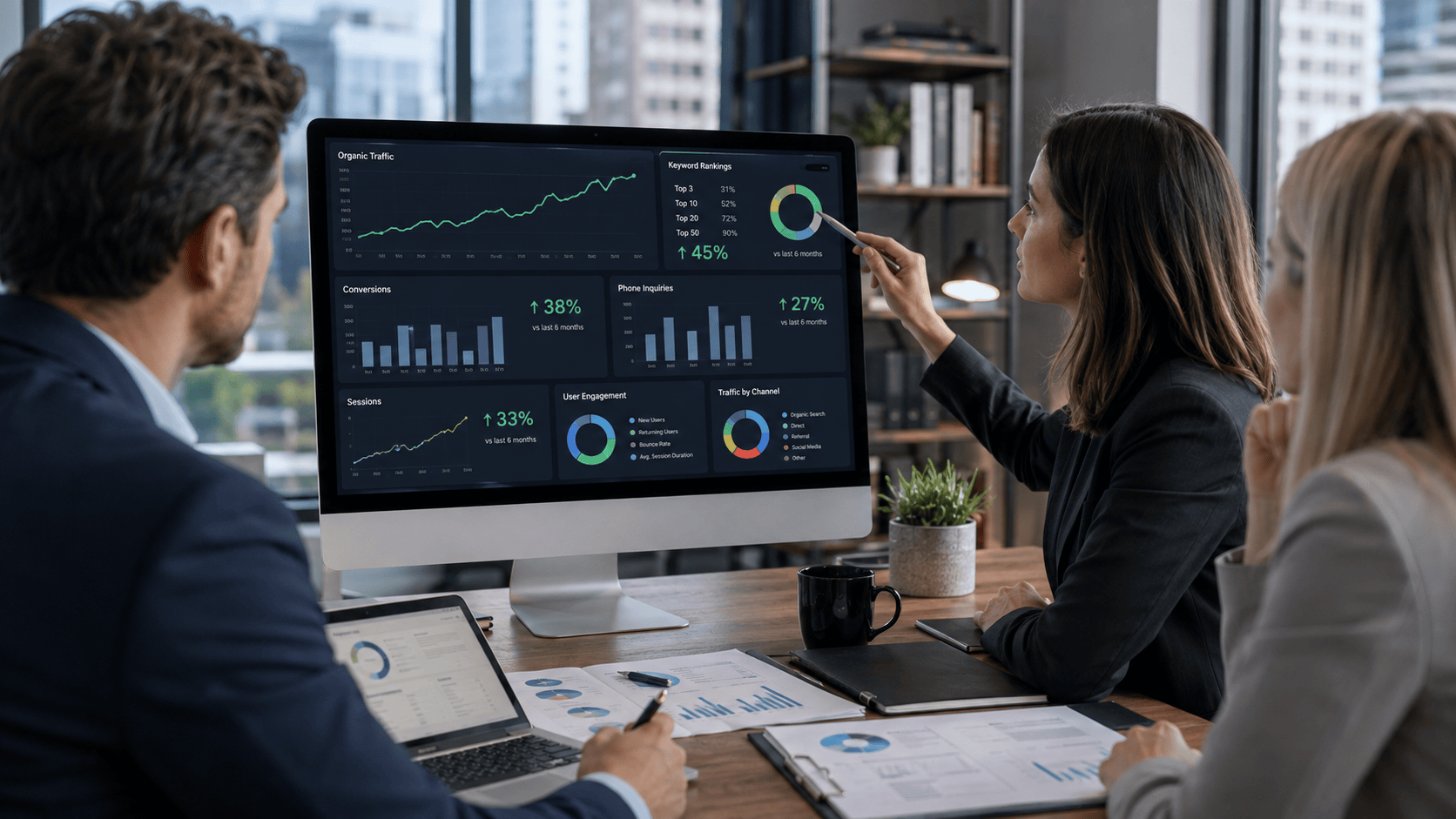 Digital marketing team reviewing SEO performance analytics showing organic traffic, keyword rankings, conversions, sessions, and user engagement, representing law firm SEO strategy, search engine optimization, lead generation, and data-driven marketing growth.