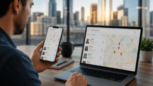 Person searching for a local attorney on a laptop and smartphone using map-based search results, representing local SEO for law firms, attorney near me searches, Google Maps visibility, legal lead generation, and mobile search marketing.