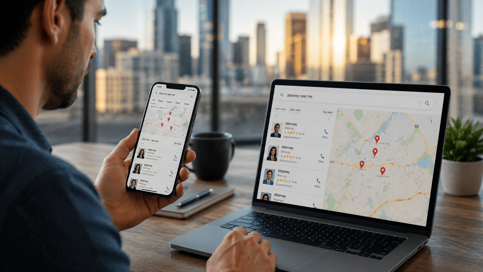 Person searching for a local attorney on a laptop and smartphone using map-based search results, representing local SEO for law firms, attorney near me searches, Google Maps visibility, legal lead generation, and mobile search marketing.