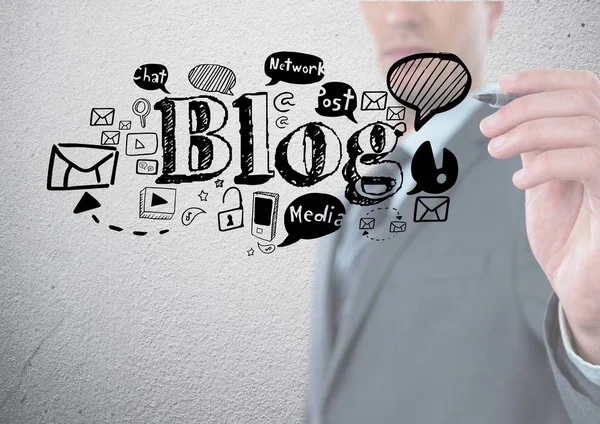 Blog content marketing concept with social media, email, video, chat, and networking icons, representing SEO blogging, content strategy, digital marketing, audience engagement, and organic website traffic growth.