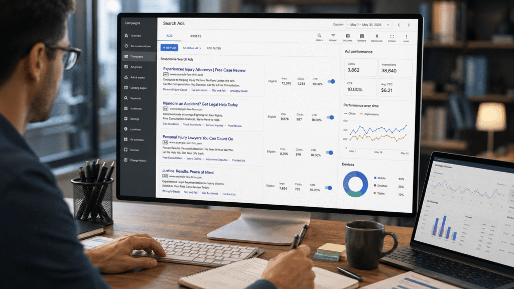 Digital marketer reviewing Google Ads search campaigns and performance analytics for a personal injury law firm, representing PPC advertising, legal lead generation, paid search strategy, conversion tracking, and law firm marketing.