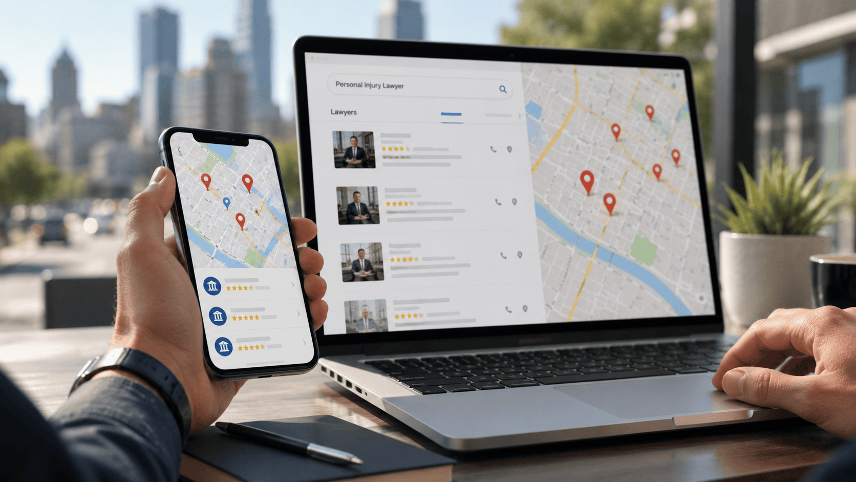 Person searching for a personal injury lawyer on a laptop and smartphone with local map listings, representing local SEO for law firms, Google search visibility, attorney rankings, legal lead generation, mobile search, and attracting nearby clients.