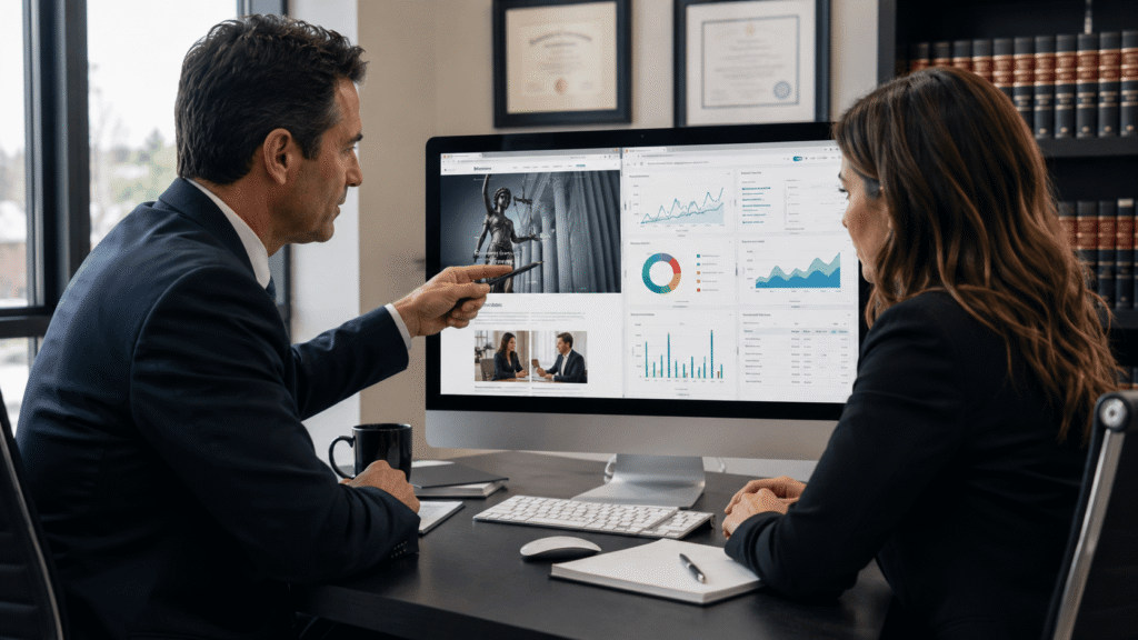 Legal marketing professionals reviewing website analytics and performance data on a computer, representing law firm SEO, digital marketing strategy, website traffic analysis, lead generation, conversion tracking, and data-driven legal marketing.