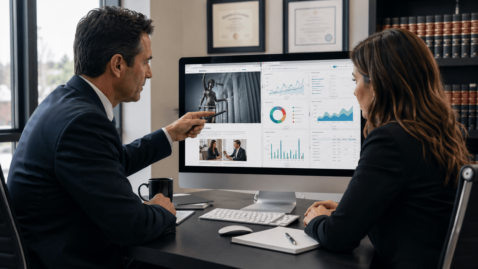 Legal marketing professionals reviewing website analytics and performance data on a computer, representing law firm SEO, digital marketing strategy, website traffic analysis, lead generation, conversion tracking, and data-driven legal marketing.