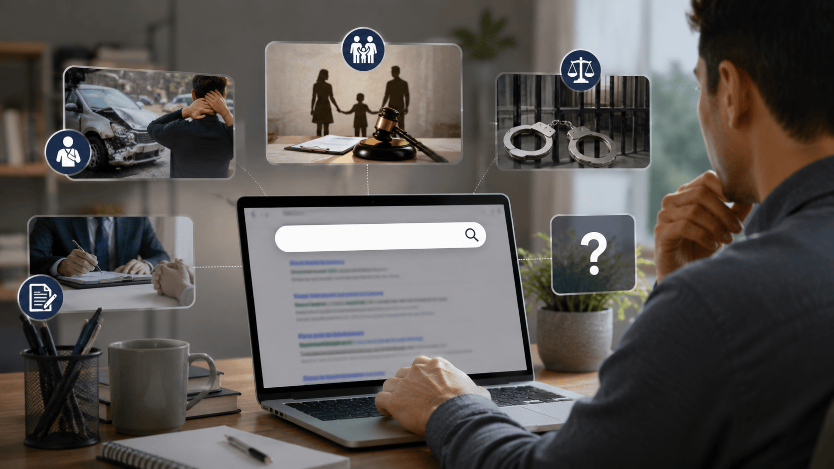 Person searching online for legal help with icons representing car accidents, family law, criminal defense, and attorney consultations, illustrating law firm SEO, legal search intent, online attorney searches, and digital marketing for law firms.