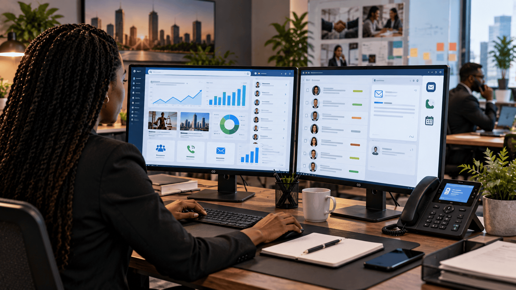 Office employee utilizing a dual-screen workstation for digital analytics, CRM management, and business operations monitoring.