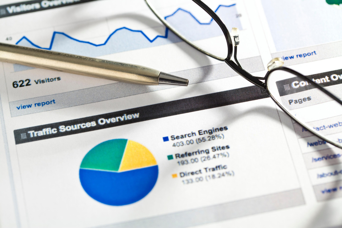 Website traffic sources overview report with a pie chart breakdown and line graphs next to eyeglasses and a pen